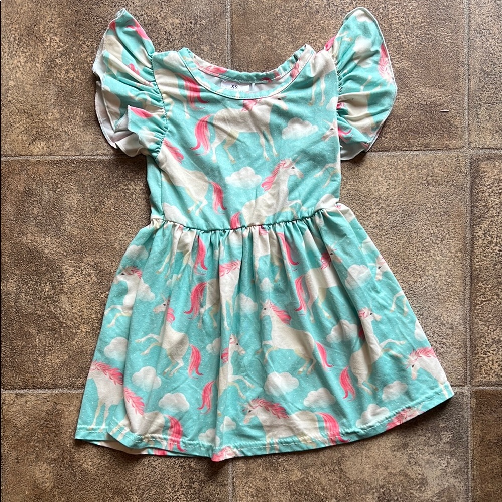 Unicorn Print Dress with Puff Sleeves 12-18 months (XS)